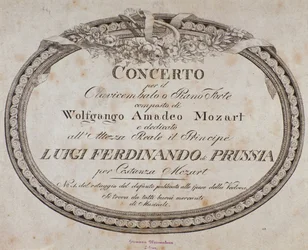 Frontespizio della partitura musicale del concerto per pianoforte e clavicembalo del compositore austriaco Wolfgang Amadeus Mozart (1756-1791)